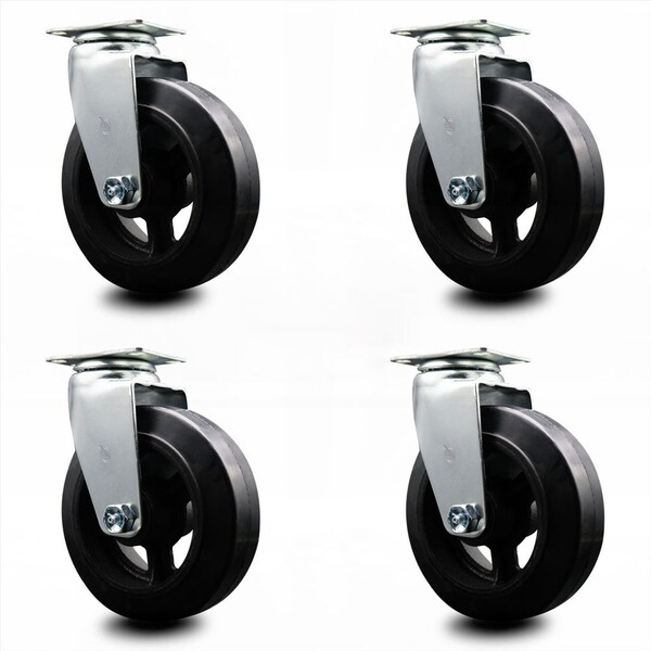 6 Inch Rubber on Cast Iron Wheel Swivel Caster Set with Ball Bearings SCC